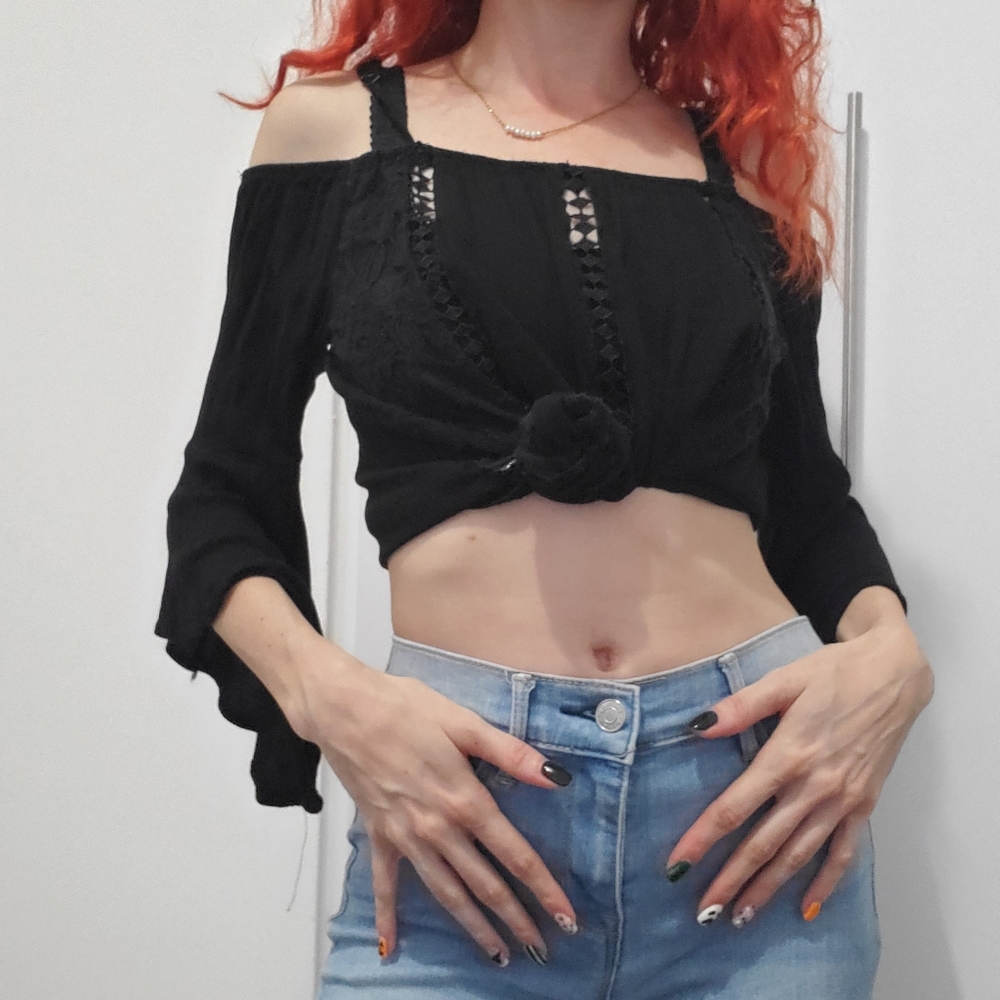 Black cold shoulder Bohemian style Rayon with flutter sleeve top